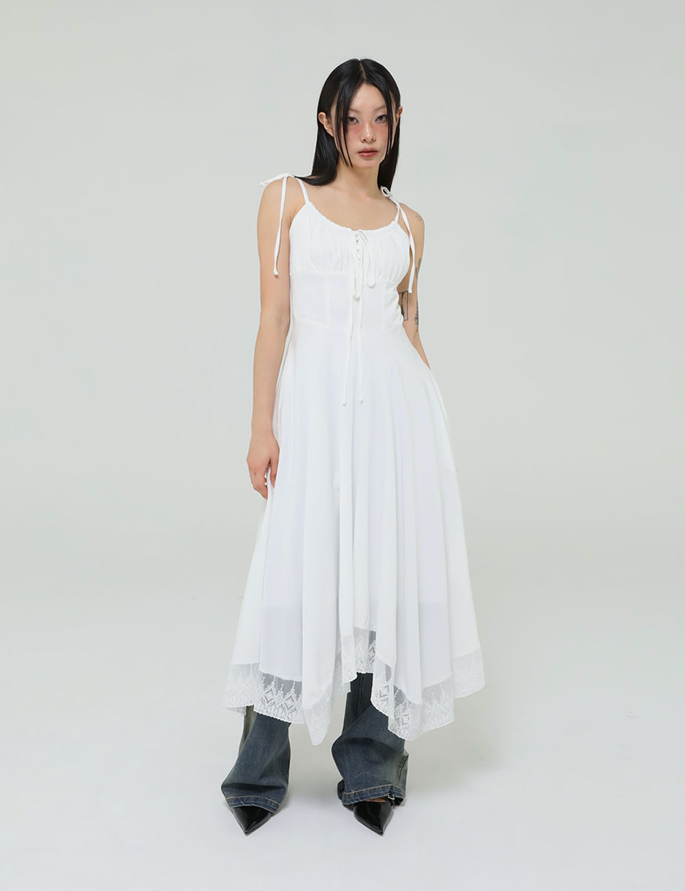 LACE RIBBON SLEEVELESS DRESS(WHITE)